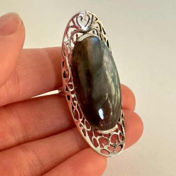 925 Sterling Silver Vintage HUGE Tall Labradorite Large Gemstone Ring Size 6.75 - Picture 9 of 14